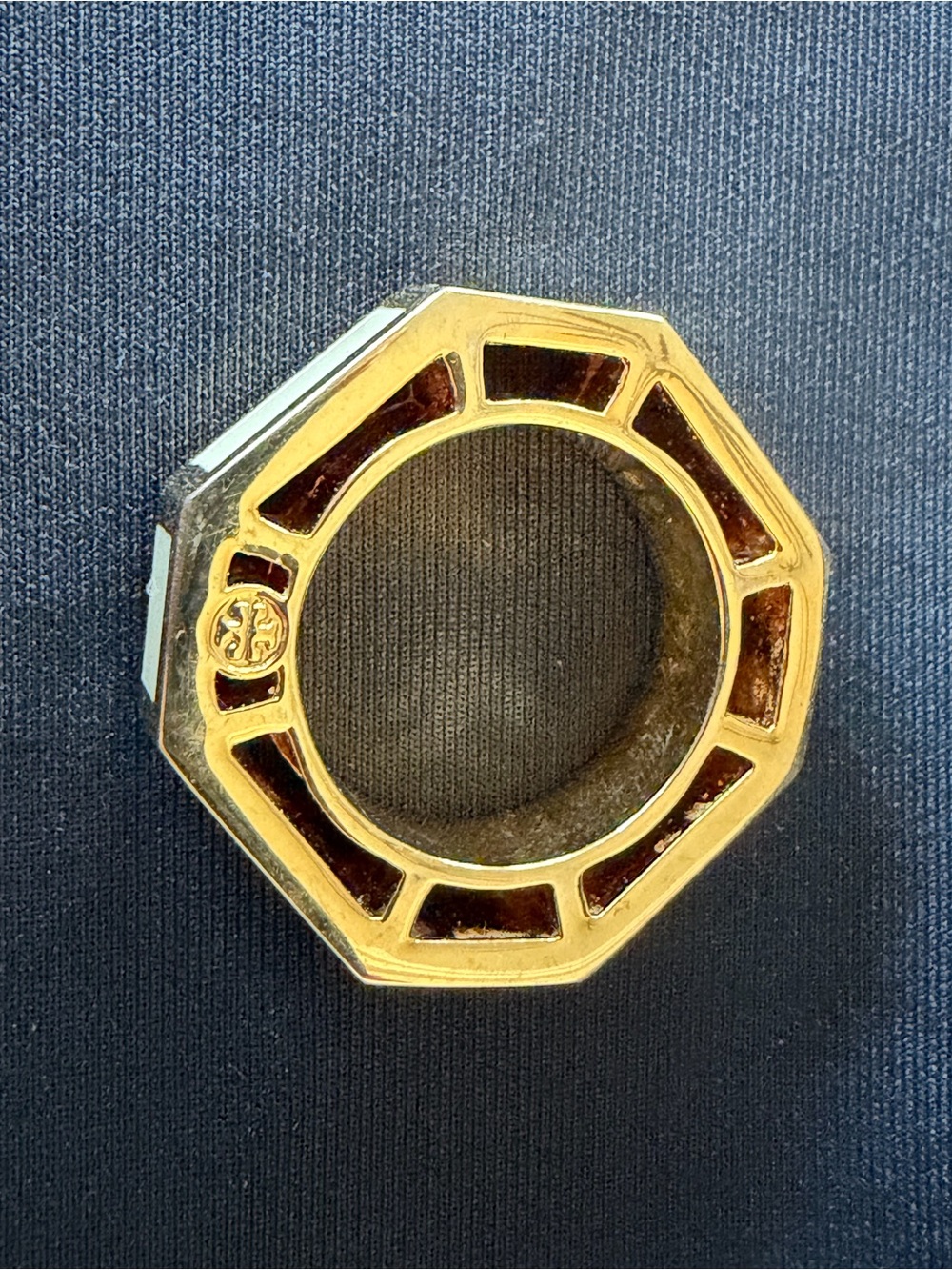 Tory Burch Gold Tone Octagonal Resin Inlay Ring - Cream Panels